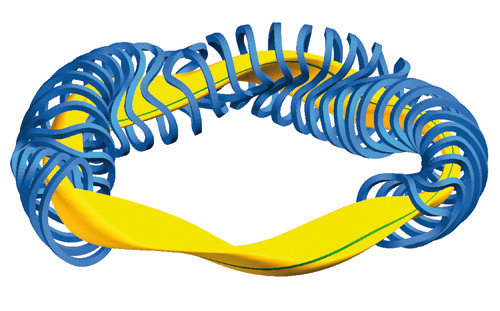 Computer graphic: Magnetic coils and plasma of Wendelstein 7-X. The shape of the plasma is governed by the optimised magnetic field: It features fivefold symmetry, i.e. viewed from above, the plasma is not circular but resembles a pentagon. Other features are the spiral shape of the magnetic axis and the varying &ndash; triangular to bean-shaped &ndash; cross-section of the plasma.