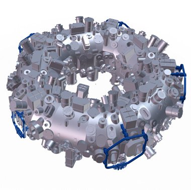 The outer vessel of Wendelstein 7-X with a large number of ports. Shown in blue: the five auxiliary coils that will be supplied by the Princeton Plasma Physics Laboratory
