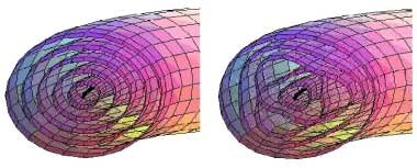 <span class="textklein">An instability forms: The initially neatly nested magnetic surfaces (left) become deformed, giving rise to magnetic islands (right).</span>