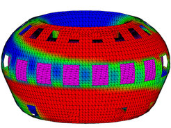 Calculation of kink instabilities for ITER: Clearly visible are the currents induced by the deforming plasma (marked in purple) in the vessel wall, perforated with numerous ports.