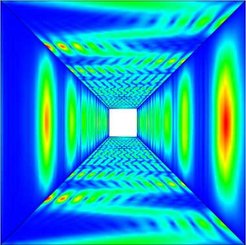 Blick in den Wellenleiter: Die Computersimulation macht den Zick-Zack-ähnlichen Durchgang der Mikrowelle durch den Hohlleiter sichtbar.