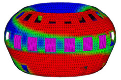 Berechnung der Kink-Instabilitäten für ITER: Zu sehen sind die Ströme, die das sich verformende Plasma (lila eingefärbt) in der von zahlreichen Öffnungen durchbrochenen Gefäßwand hervorruft.
