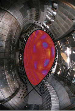 The photomontage presents a cross-section of the ASDEX Upgrade plasma computed with a modell of Philipp Lauber's, showing a perturbation, a so-called toroidal Alfven eigenmode. The result computed was integrated in the plasma vessel instead of the real plasma.