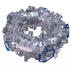 The outer vessel of Wendelstein 7-X with a large number of ports. Shown in blue: the five auxiliary coils that will be supplied by the Princeton Plasma Physics Laboratory