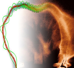 Eine Eruption im Vergleich zwischen experimenteller Beobachtung und Computersimulation (Abbildung: RUB)