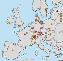 Die einzelnen Komponenten für Wendelstein 7-X wurden von Firmen (rot) in ganz Europa hergestellt, zahlreiche Forschungseinrichtungen (gelb) trugen zum Aufbau der Anlage bei.