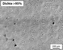 Querschnitt durch wolframfaserverstärkten Wolfram-Verbundwerkstoff: Er wurde durch eine neuentwickeltes Verfahren hergestellt, die chemische Gasphaseninfiltration von Wolfram. Die kreisförmigen Strukturen mit 150 µm Durchmesser sind Querschnitte durch die Fasern.