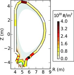 Cross section of ITER. The local nitrogen density distribution is colour coded. Dark colours correspond to high nitrogen densities. High nitrogen densities occur in areas of high beryllium deposition.