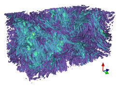Turbulenz im Sonnenwindplasma. Die Simulation zeigt die von der Turbulenz hervorgerufenen Magnetfeld-Schwankungen. Ihre räumliche und zeitliche Struktur kann man mit Messungen von Raumsonden vergleichen.