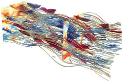 Einen etwa 300 Kilometer breiten Bereich im Sonnenwind bildet diese dreidimensionale Supercomputer-Simulation astrophysikalischer Plasmaturbulenz nach. Zu sehen sind die Linien des magnetischen Feldes sowie die (farbig kodierte) Fluktuation der Elektronen-Dichte.