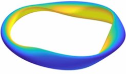 Magnetic surface of an optimized quasi-axisymmetric stellarator. The colour code refers to the magnetic field strength, which is large on the inboard side of the torus and smaller on the outboard side.