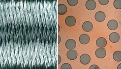 Haarfein sind die Fasern aus Wolfram, rund 150 Mikrometer dick. Zur Herstellung des Verbundwerkstoffes werden sie verflochten (links) und mit flüssigem Kupfer getränkt. Rechts: Querschnitt durch eine Probe wolframfaserverstärkten Kupfers. Unter dem Mikroskop sind in der Kupfermatrix die feinen Wolframfasern zu sehen.