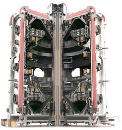 Grafik: Schnitt durch MAST Upgrade, ein kompakter Tokamak mit drei Metern im Durchmesser.