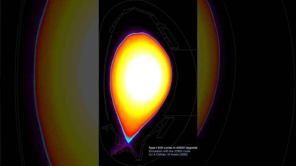 <em>Computer simulation of Type I ELMs occurring periodically and ejecting particles and heat from the plasma. The figure shows a cross-section through the donut-shaped vacuum vessel of a tokamak. These recurring eruptions form at regular intervals at the edge of the fusion plasma. ELMs occur when the plasma is operated in the H-mode. The figure is based on calculations with the code JOREK in the publication A. Cathey et al 2020 Nucl. Fusion 60 124007</em>